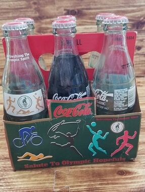 Coca Cola 1996 Athens Georgia Olympic Small 8 Oz Six-Pack Glass Bottles Carrier